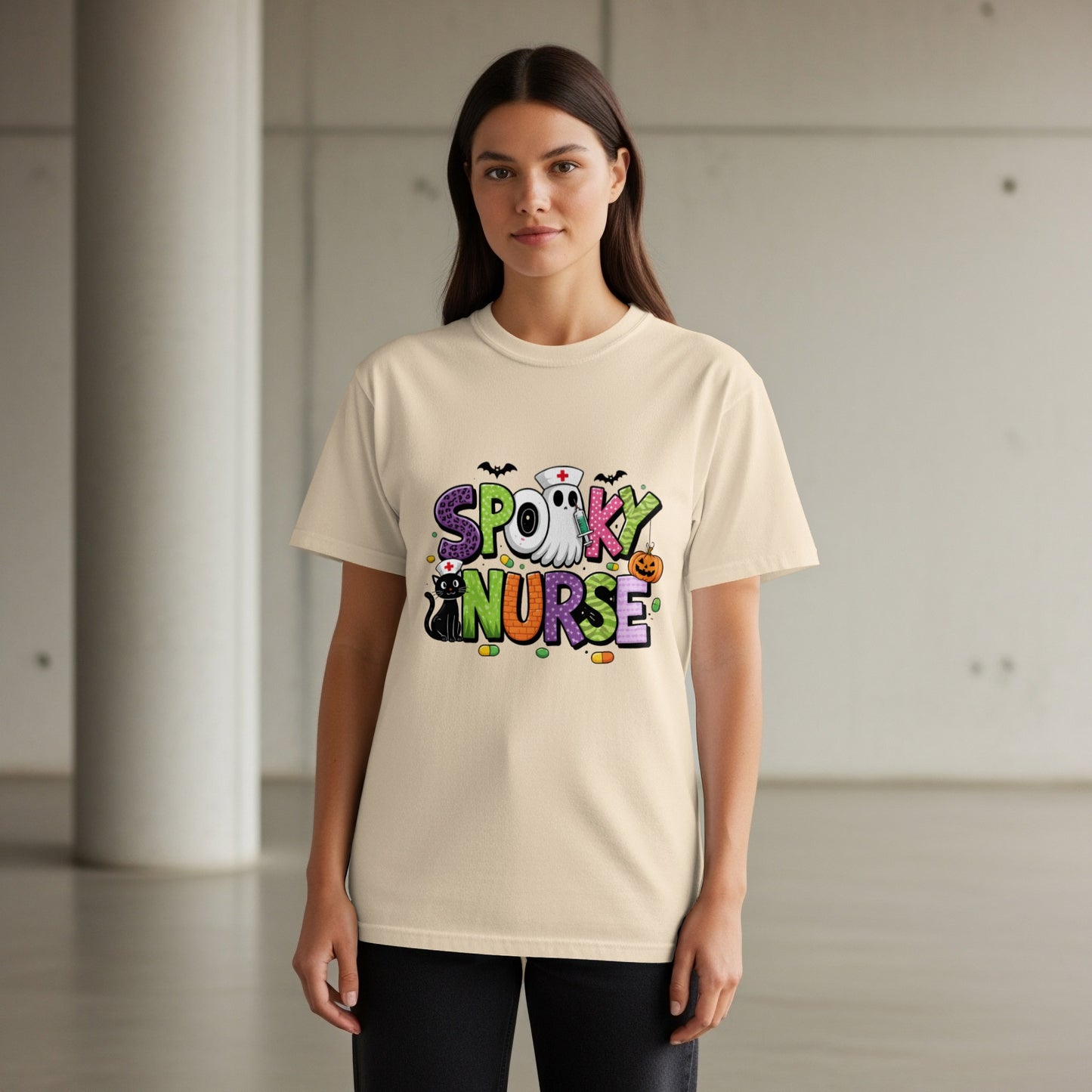 Spooky Nurse Halloween t-shirt with colorful cartoon graphics.