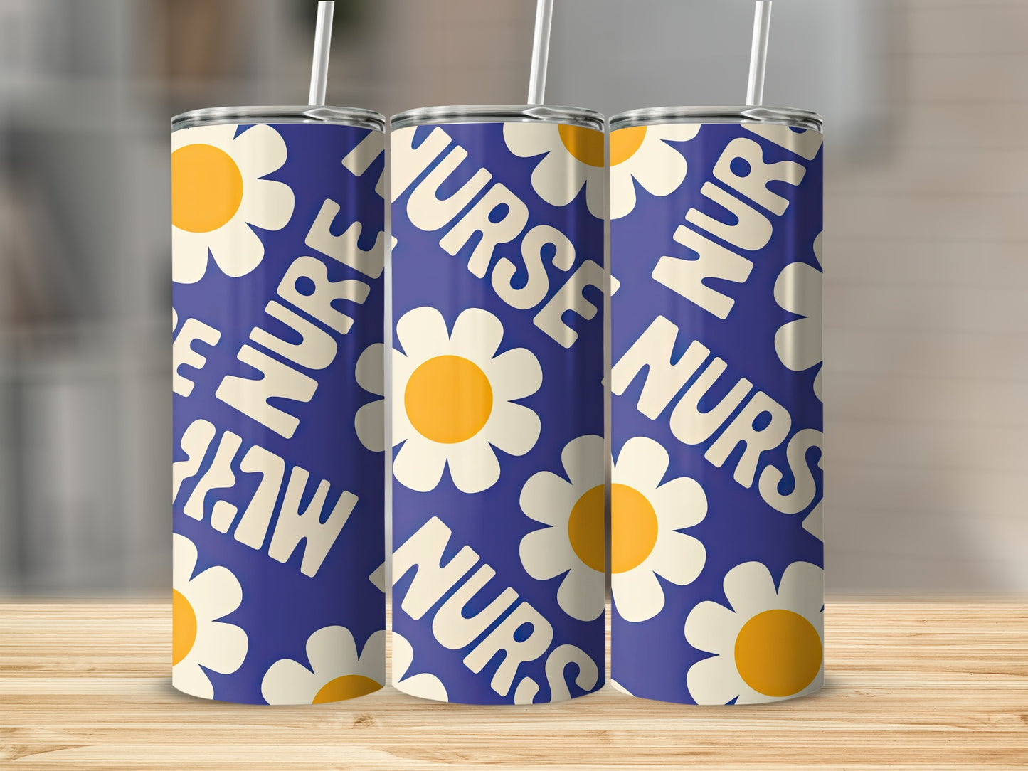Tumbler with "Nurse" text and daisy pattern.