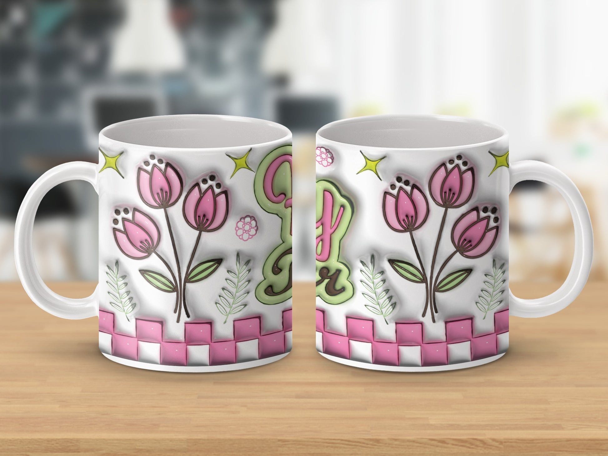 Pink Tulip Leaves Stars Checkered Pattern Mug product type