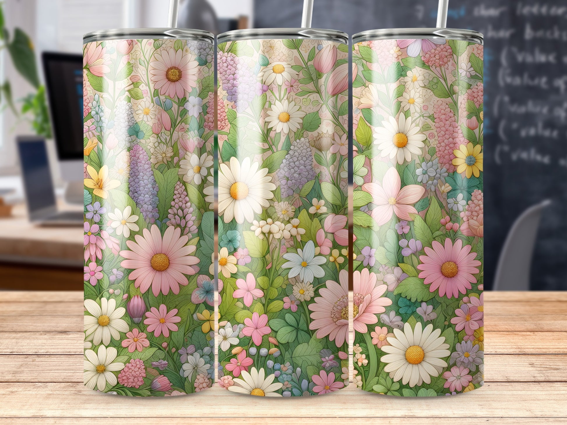 Floral print tumbler with daisies, roses, and lavender on a wooden surface.
