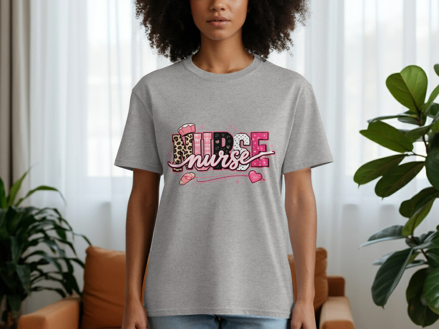 Grey t-shirt with "Nurse" text in colorful, patterned letters.