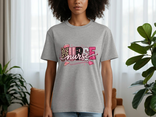 Grey t-shirt with "Nurse" text in colorful, patterned letters.