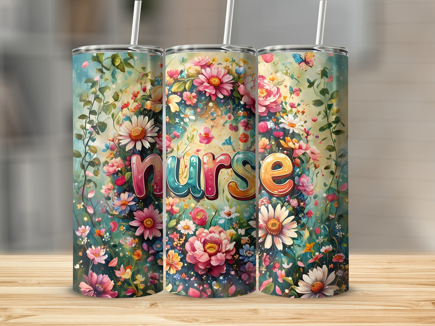 Nurse tumbler with colorful floral design and butterfly.
