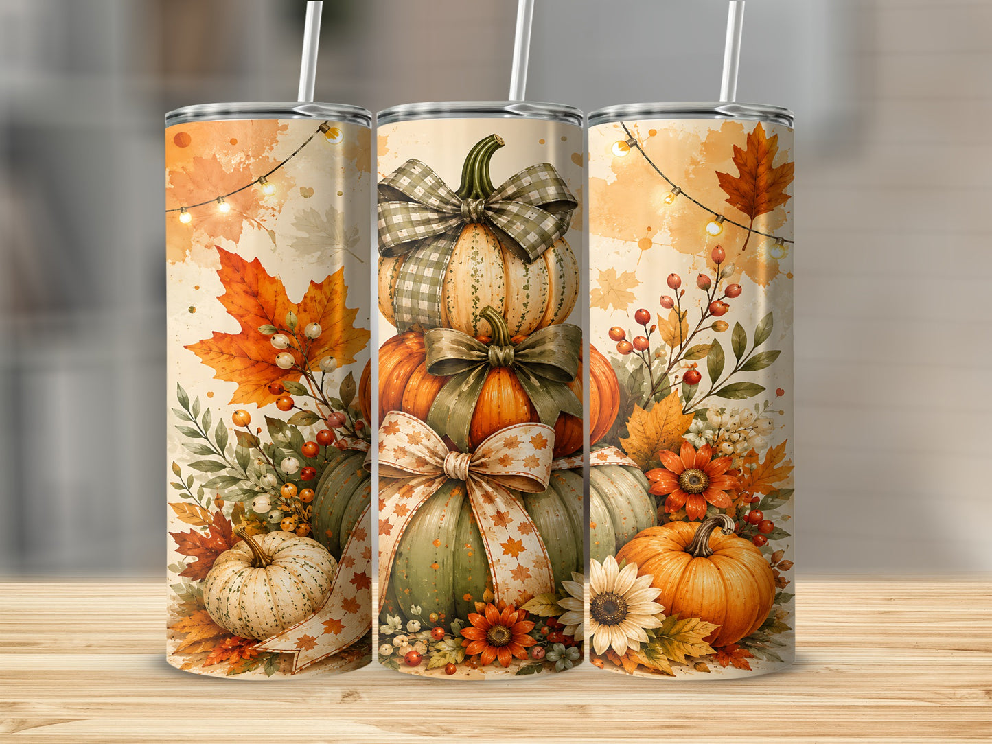 Three tumblers with a stacked pumpkin design, autumn leaves, and string lights.