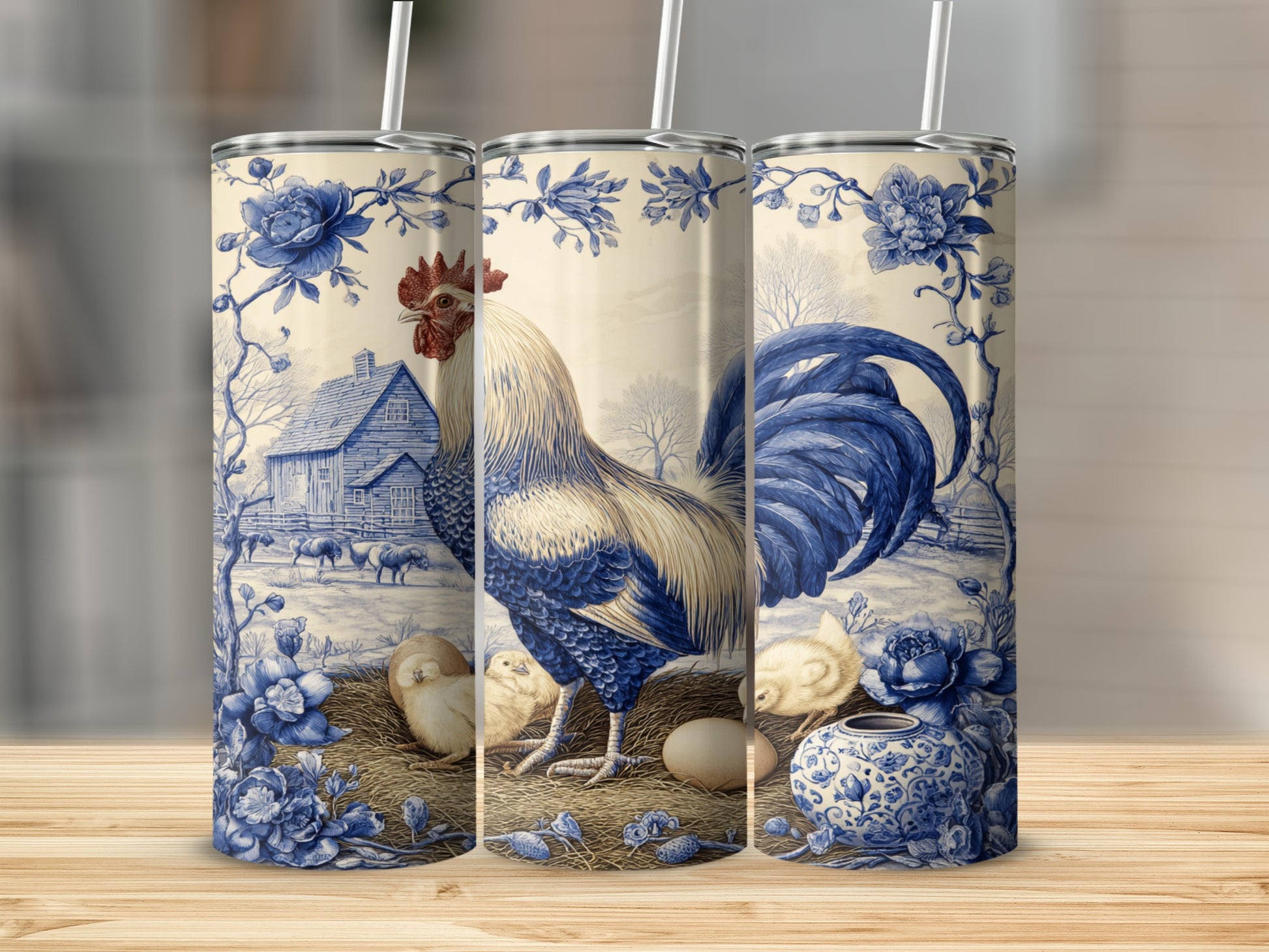 Rooster with chicks and eggs in a blue and white toile pattern.