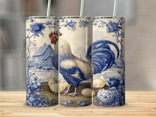 Rooster with chicks and eggs in a blue and white toile pattern.