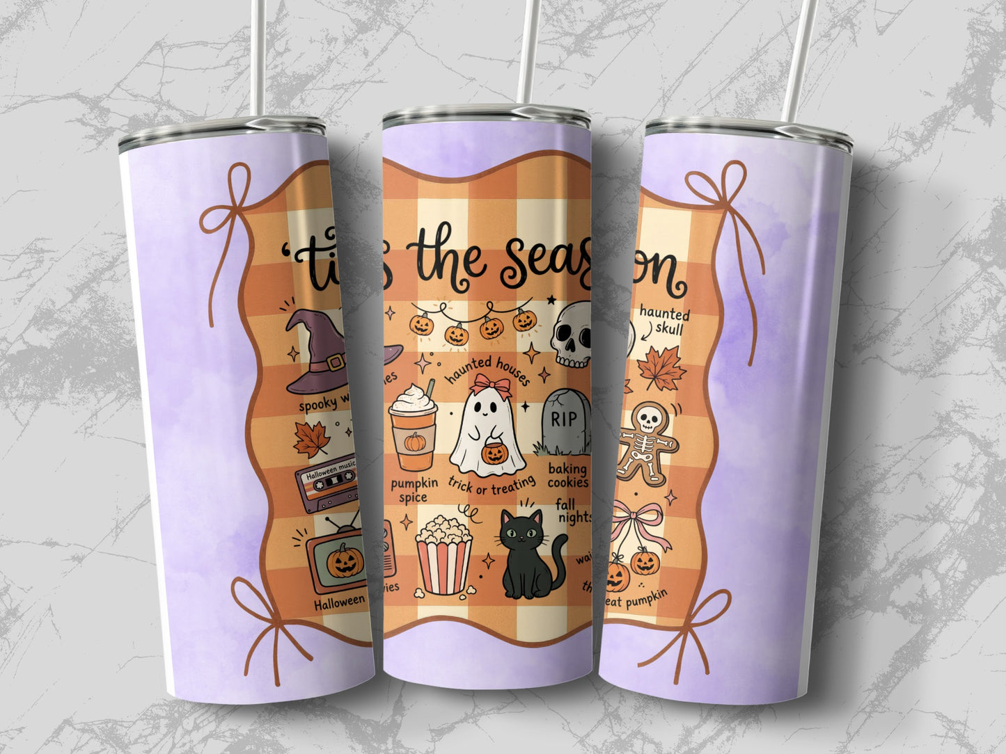 Three tumblers featuring a Halloween theme with text "It's the season".