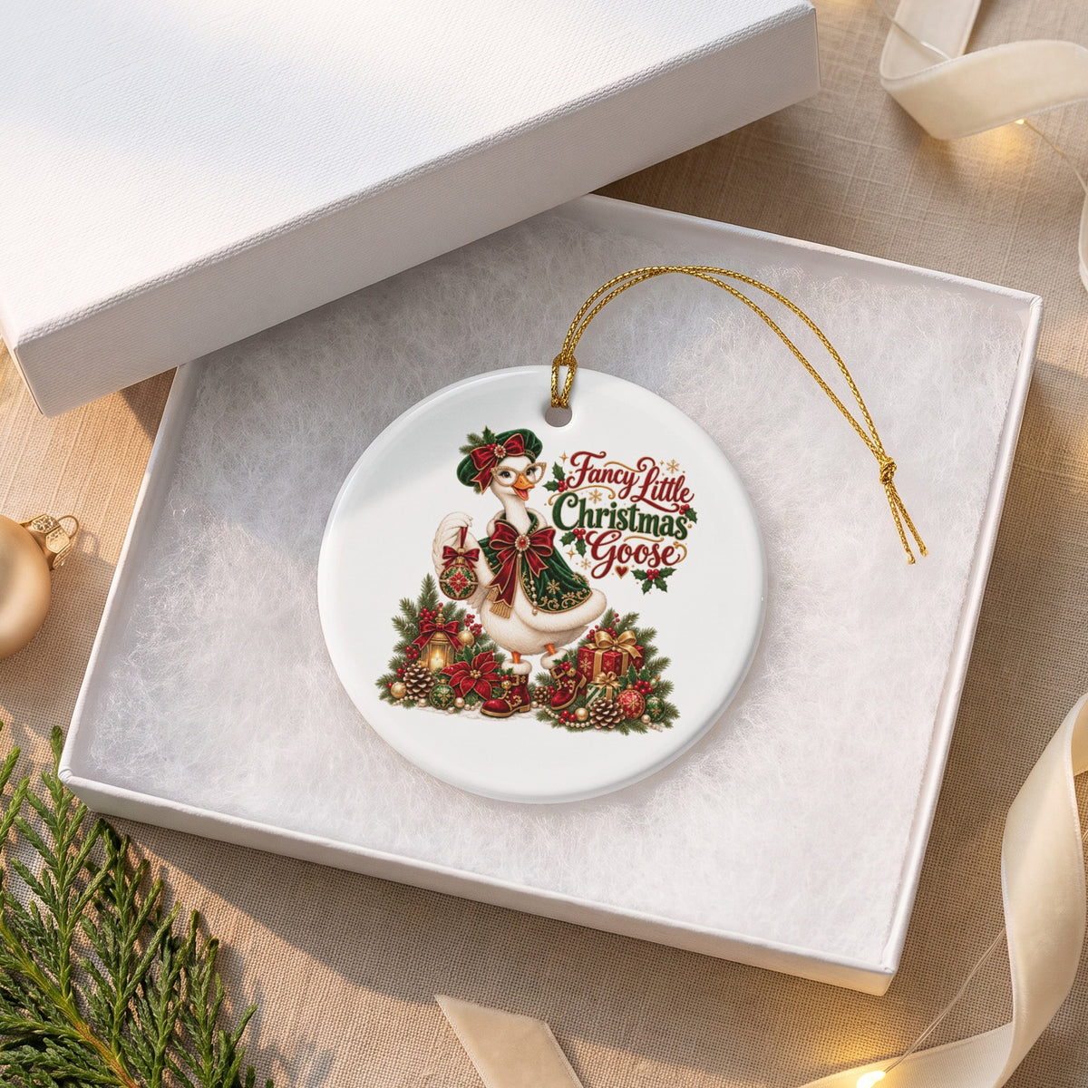 Round ceramic ornament featuring a goose with text "Fancy Little Christmas Goose".