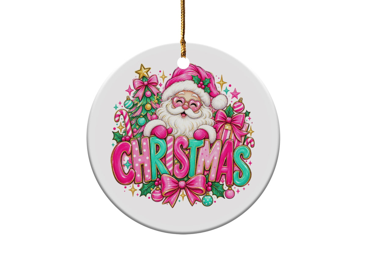 Ornament with Santa, gifts, and "CHRISTMAS" text surrounded by festive decorations.