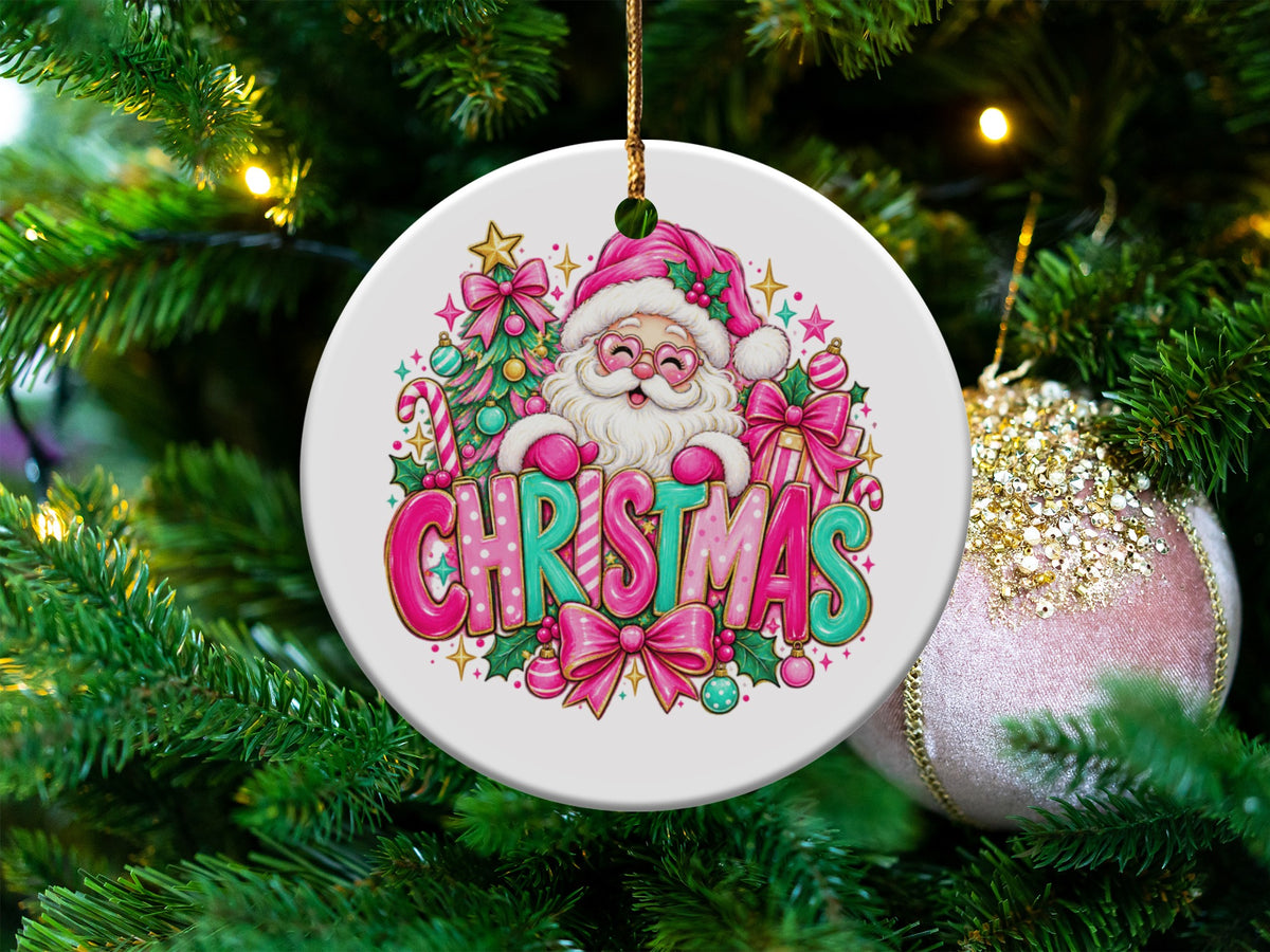 Santa ornament with "CHRISTMAS" text and festive decorations on a tree.