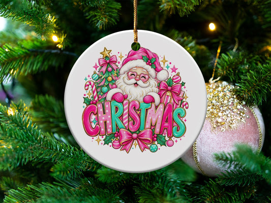 Santa ornament with "CHRISTMAS" text and festive decorations on a tree.