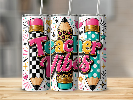 Three tumblers featuring "Teacher Vibes" text and pencil designs.