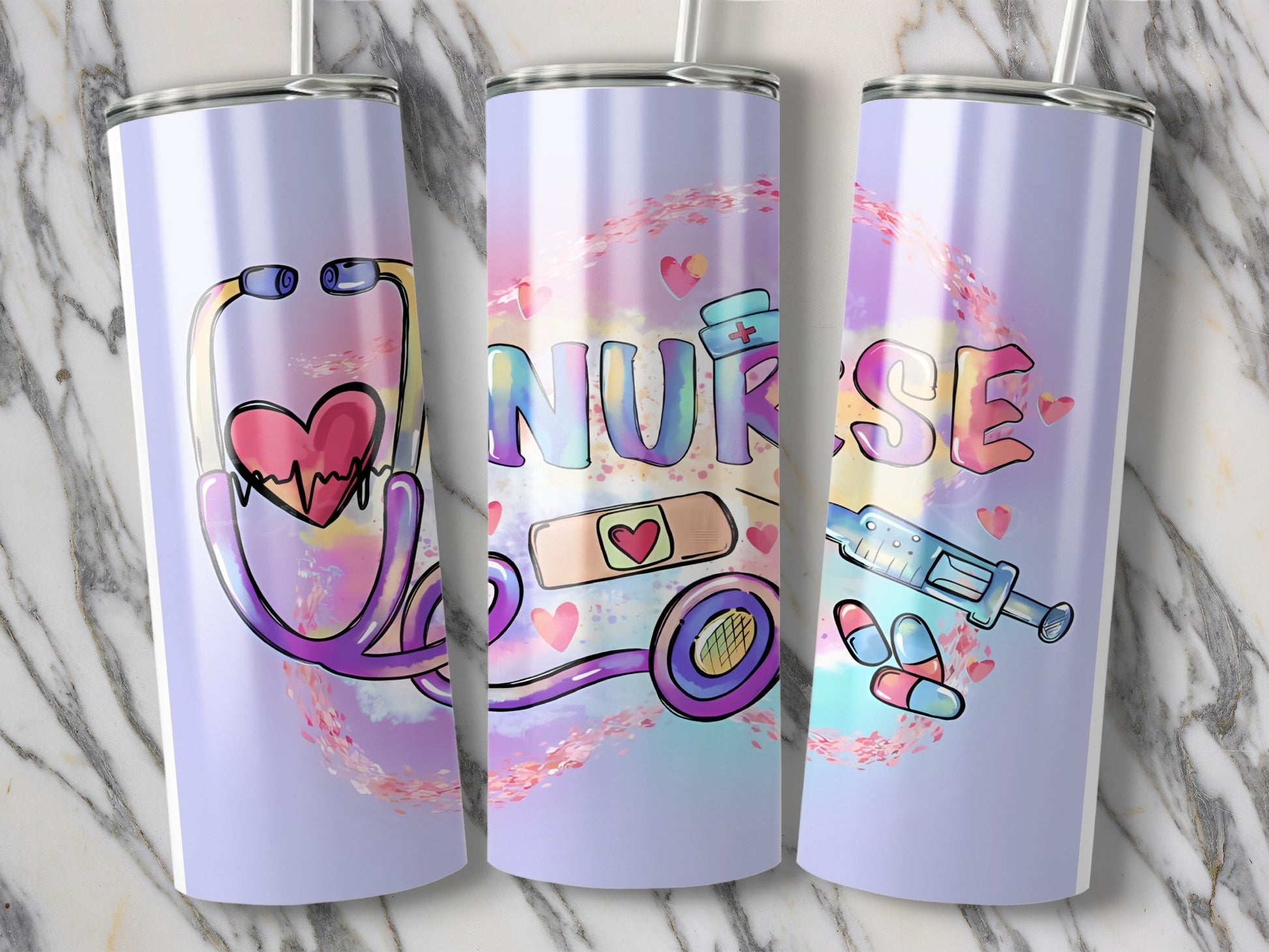 Three tumblers with nurse-themed graphics: stethoscope, "Nurse" text, and medical supplies.