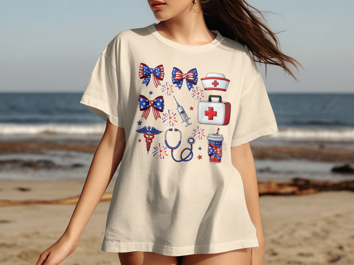 Cream t-shirt with patriotic medical and nurse icons.