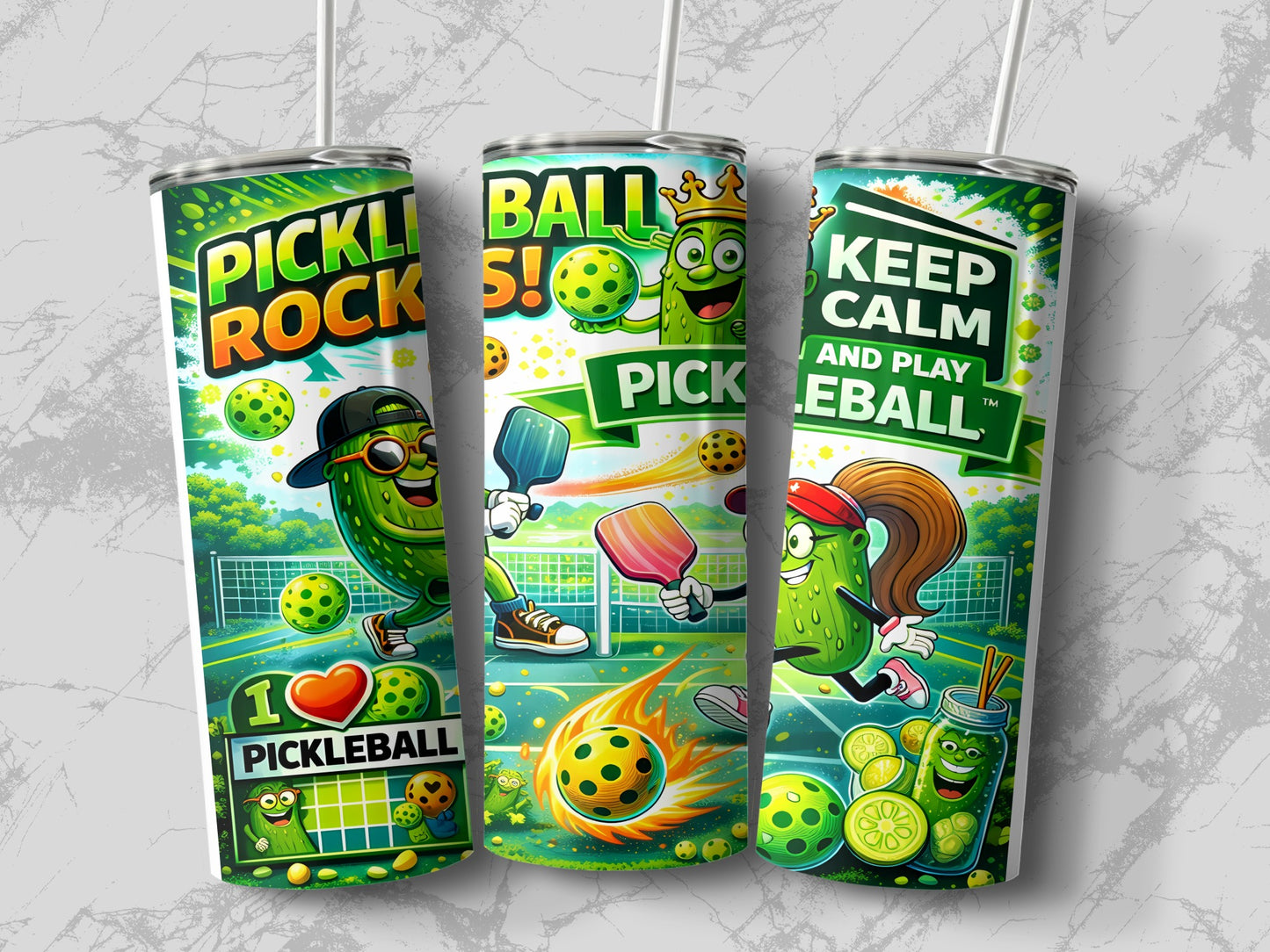 Pickleball tumbler with cartoon pickle characters playing the sport and "Keep Calm and Play Pickleball" text.