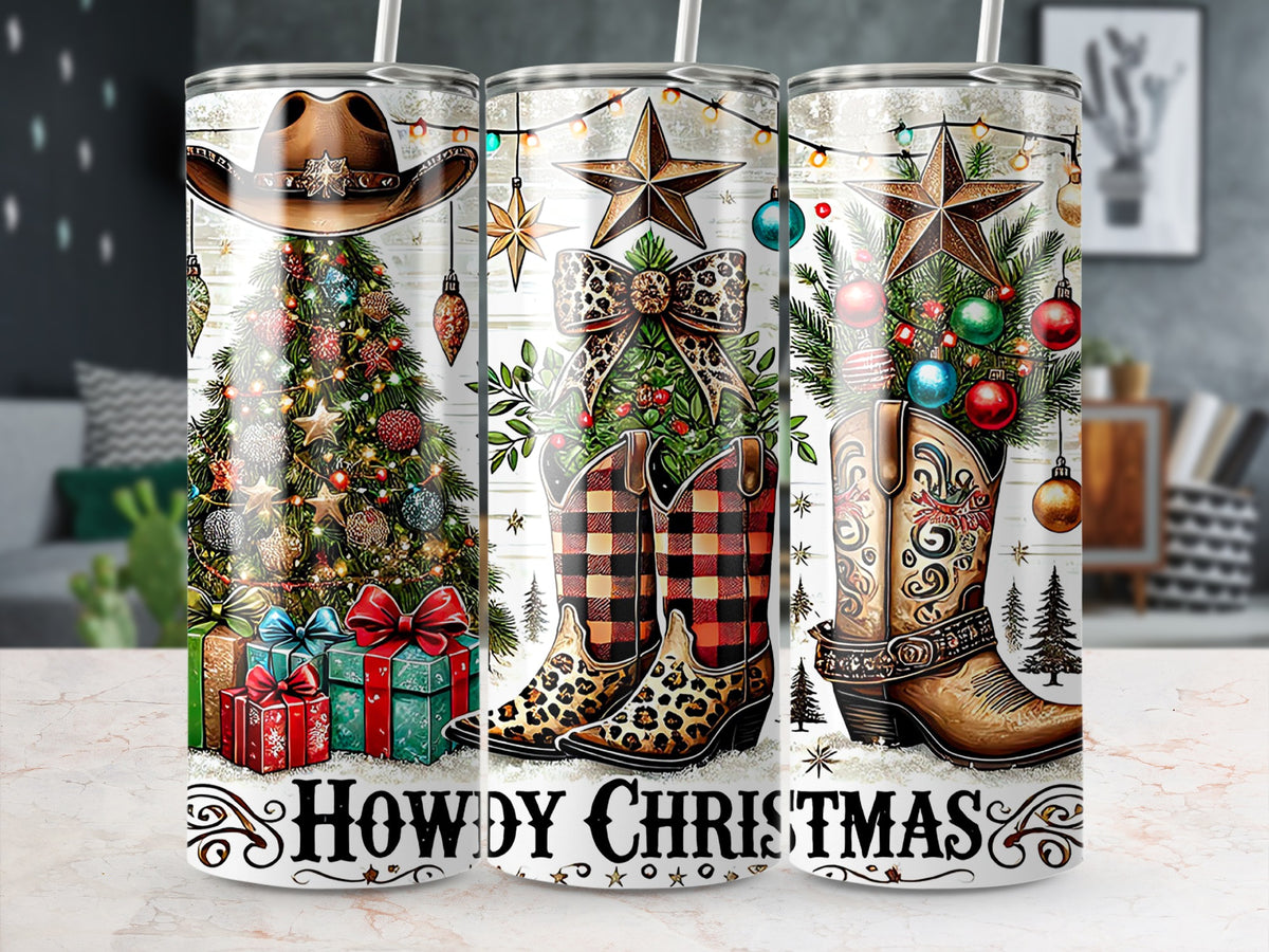 Three stainless steel travel tumblers featuring western-themed Christmas designs with cowboy boots, hats, and the text Howdy Christmas.