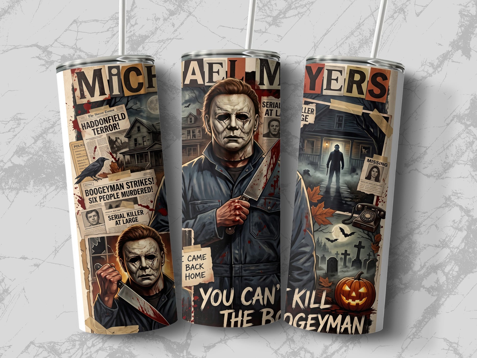 Michael Myers artwork on tumblers with newspaper headlines and Halloween imagery.