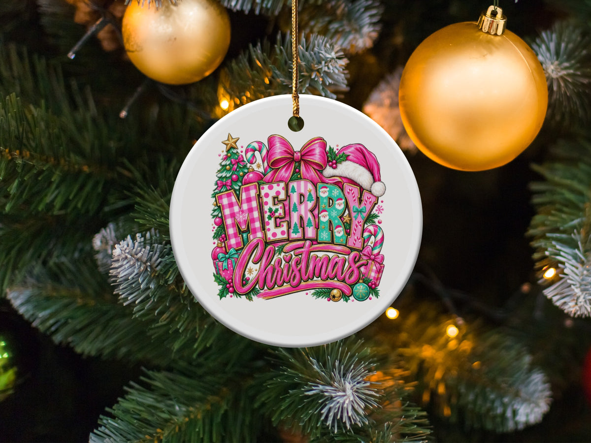 Round Christmas ornament with "Merry Christmas" text and festive decorations.