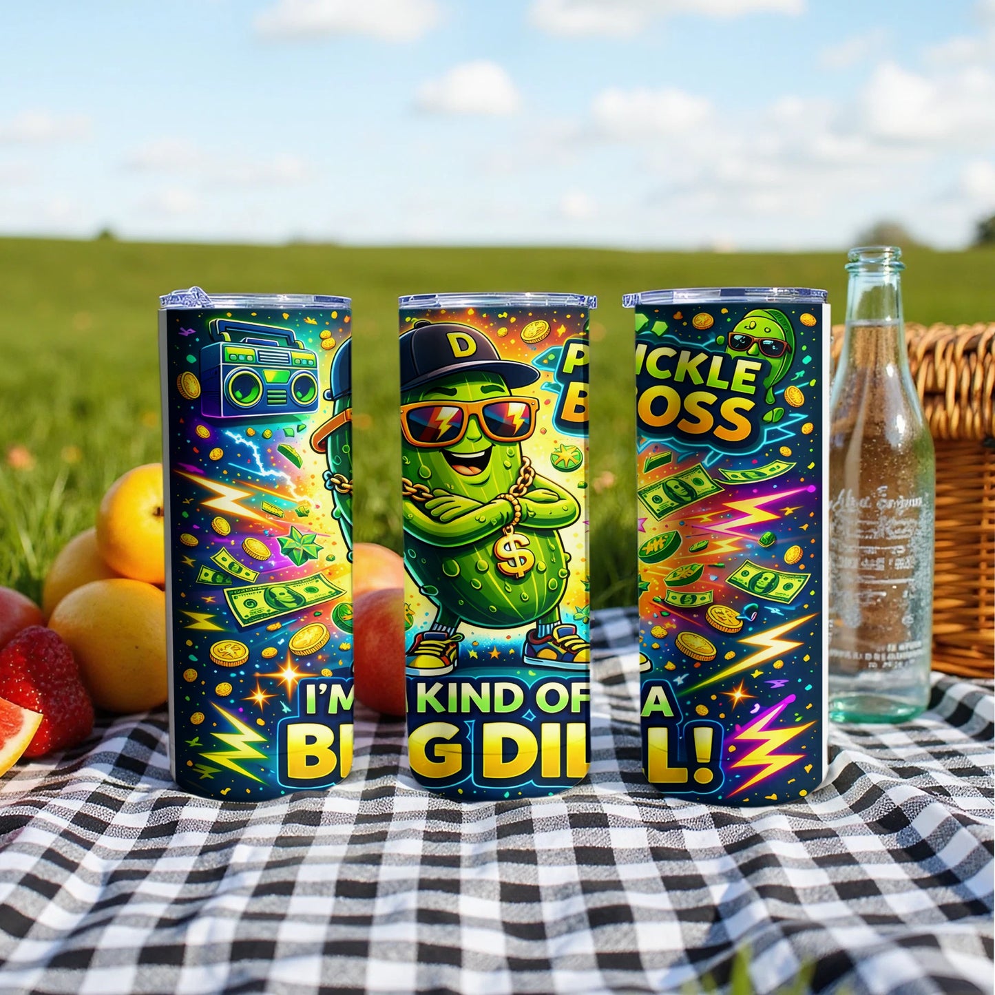 Pickle Boss tumbler with sunglasses, money, and text "I'm kind of a big dill!".