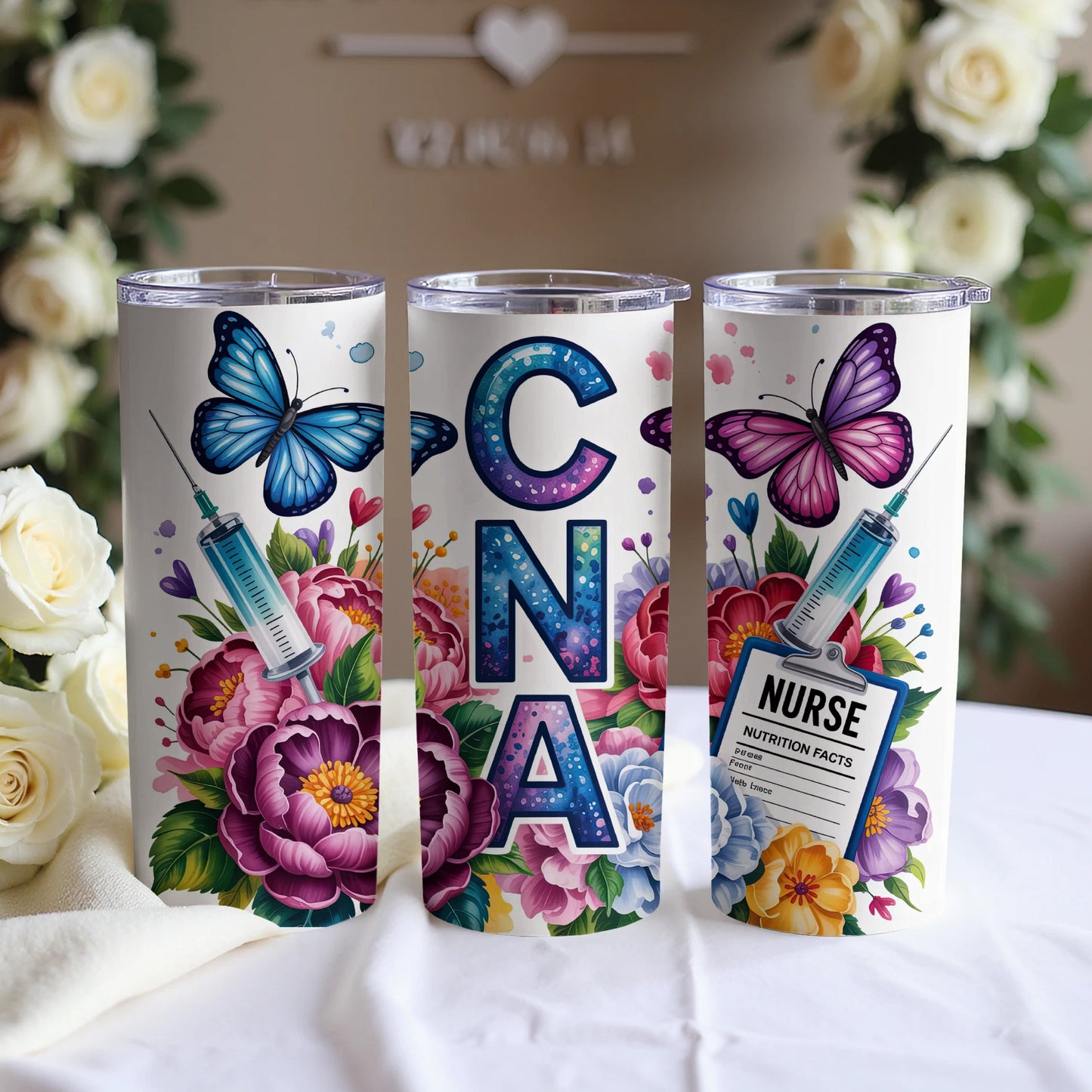 CNA stethoscope, butterfly, syringe, and flowers on white tumbler.