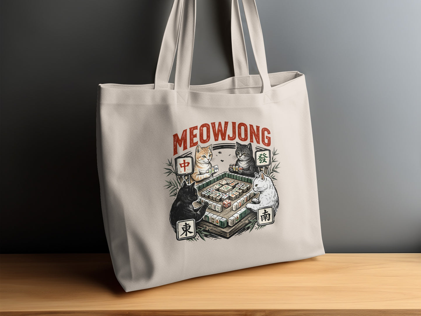 Tote bag with "Meowjong" text and cats playing mahjong.