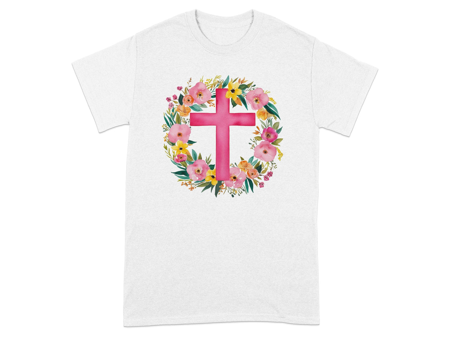 Floral Wreath and Pink Cross Design Graphic T-Shirt