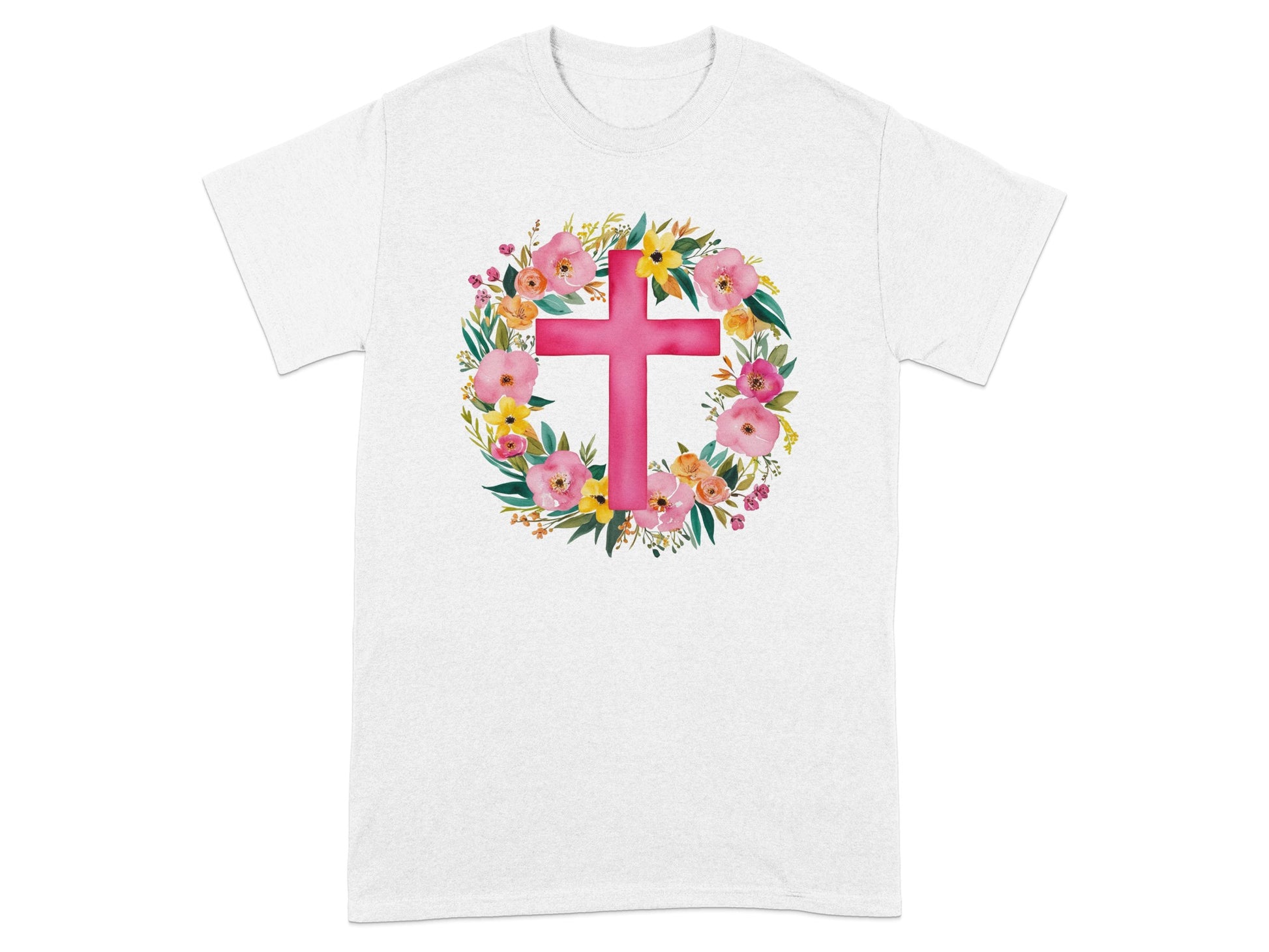 Floral Wreath and Pink Cross Design Graphic T-Shirt