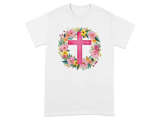 Floral Wreath and Pink Cross Design Graphic T-Shirt
