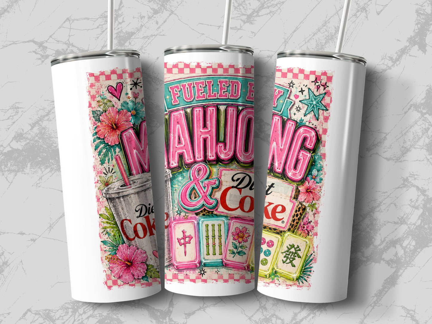 Tumbler with "Fueled by Mahjong & Diet Coke" text and floralmahjong tiles.