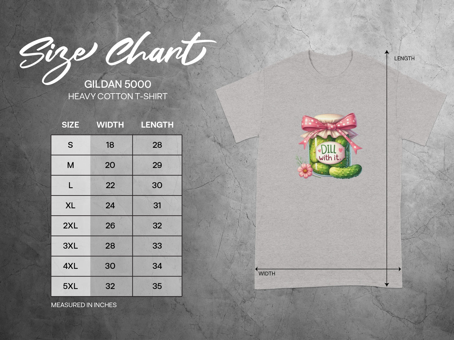 Gildan 5000 Heavy Cotton T-shirt size chart with cartoon pickle graphic.