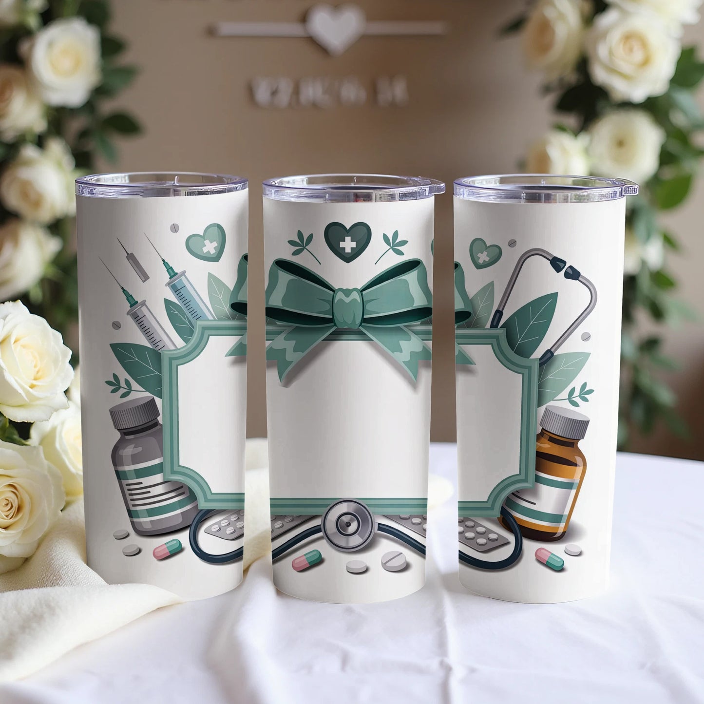 Medical-themed tumbler with syringes, stethoscope, pills, and a bow.