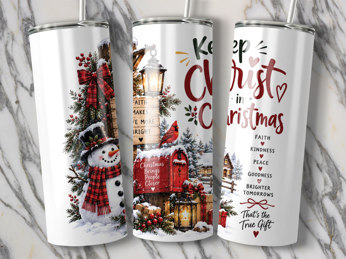 Three tall white tumblers display Christmas scenes featuring a snowman, a red mailbox, and holiday text.
