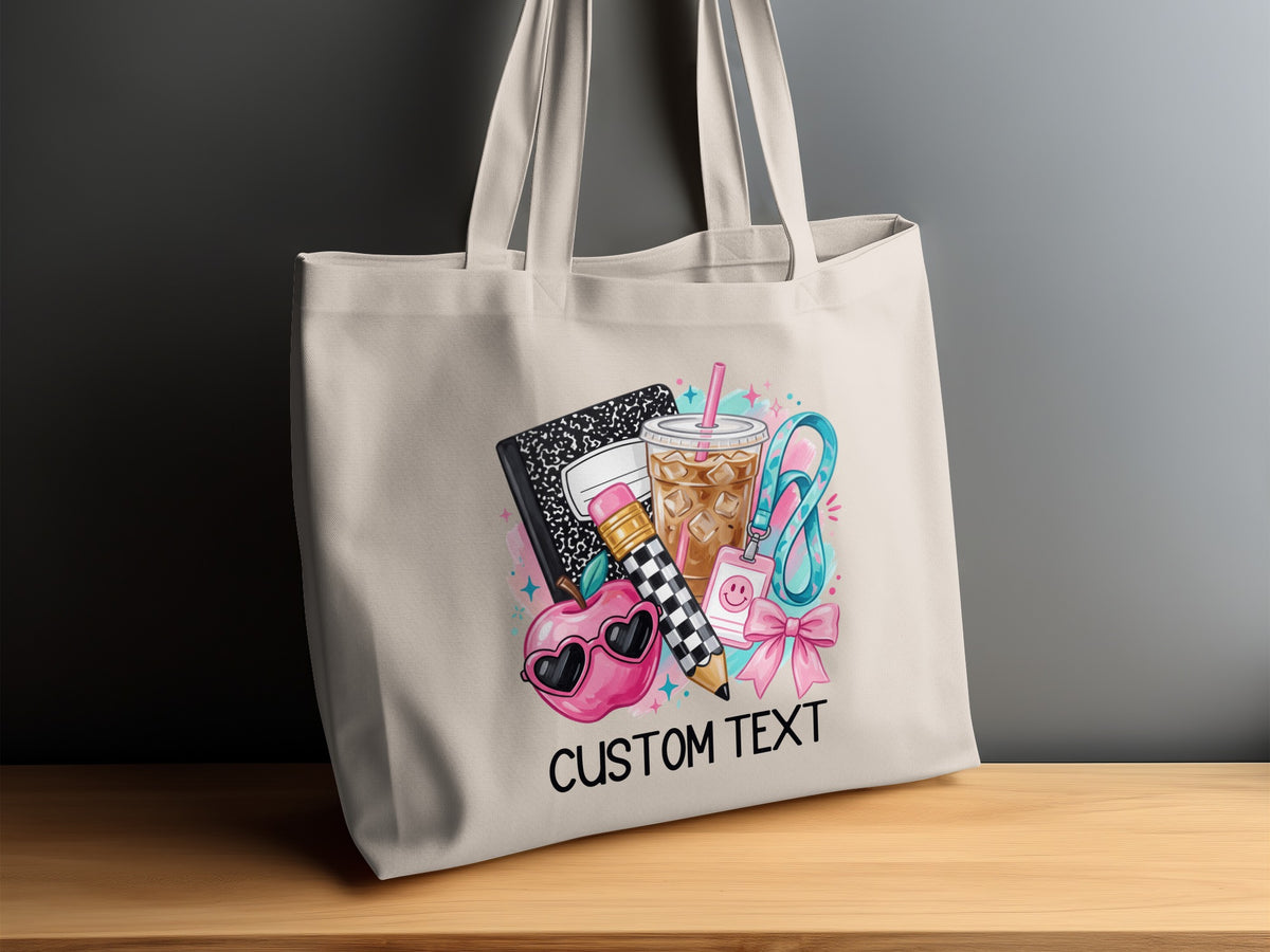 Tote bag with school supplies graphic and "CUSTOM TEXT" below.