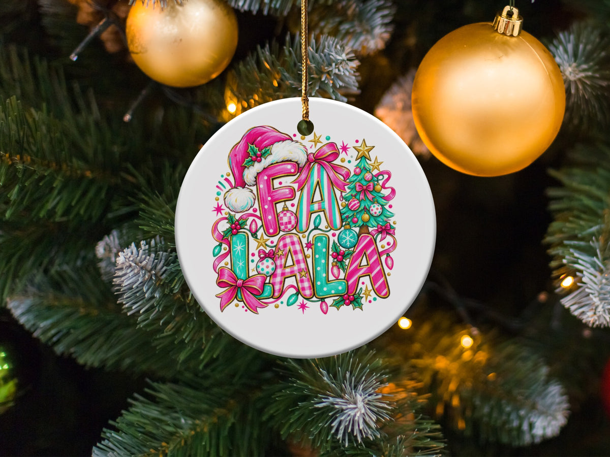 Round ornament with "Fa La La" text, Christmas tree, Santa hat, and festive decorations.