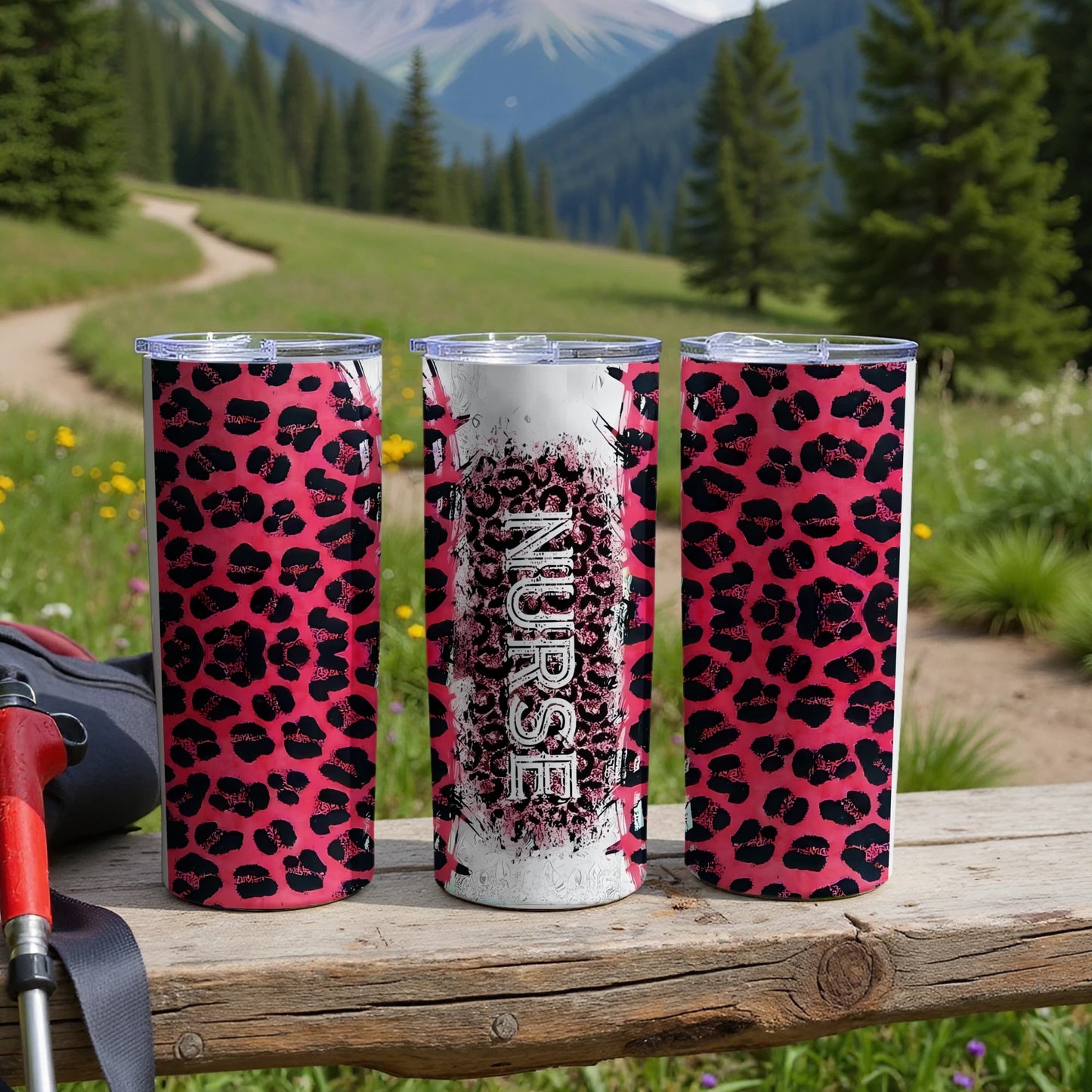 Three tumblers with pink leopard print and "Nurse" text.