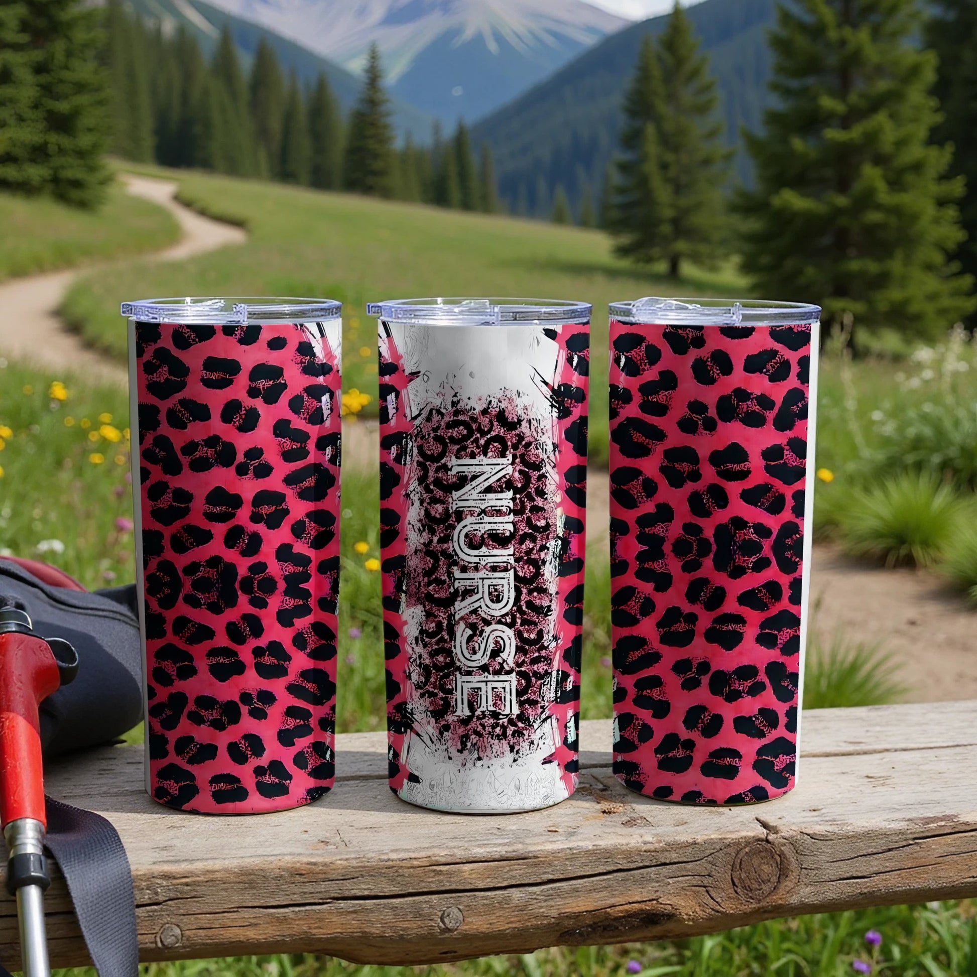 Three tumblers with pink leopard print and "Nurse" text.