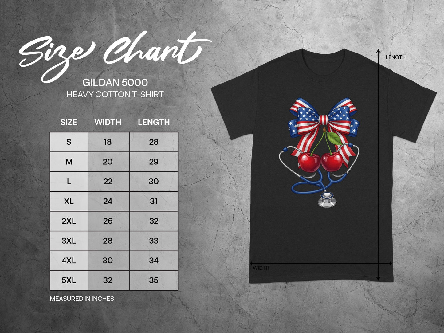Gildan 5000 heavy cotton t-shirt size chart with measurements in inches.