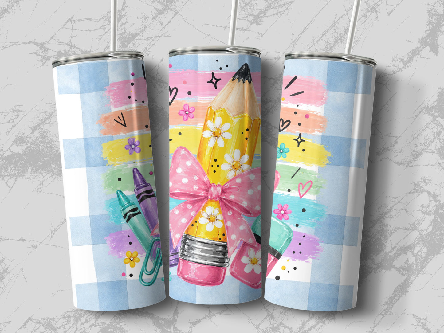 Three tumblers with a blue checkered pattern and school supply graphics.