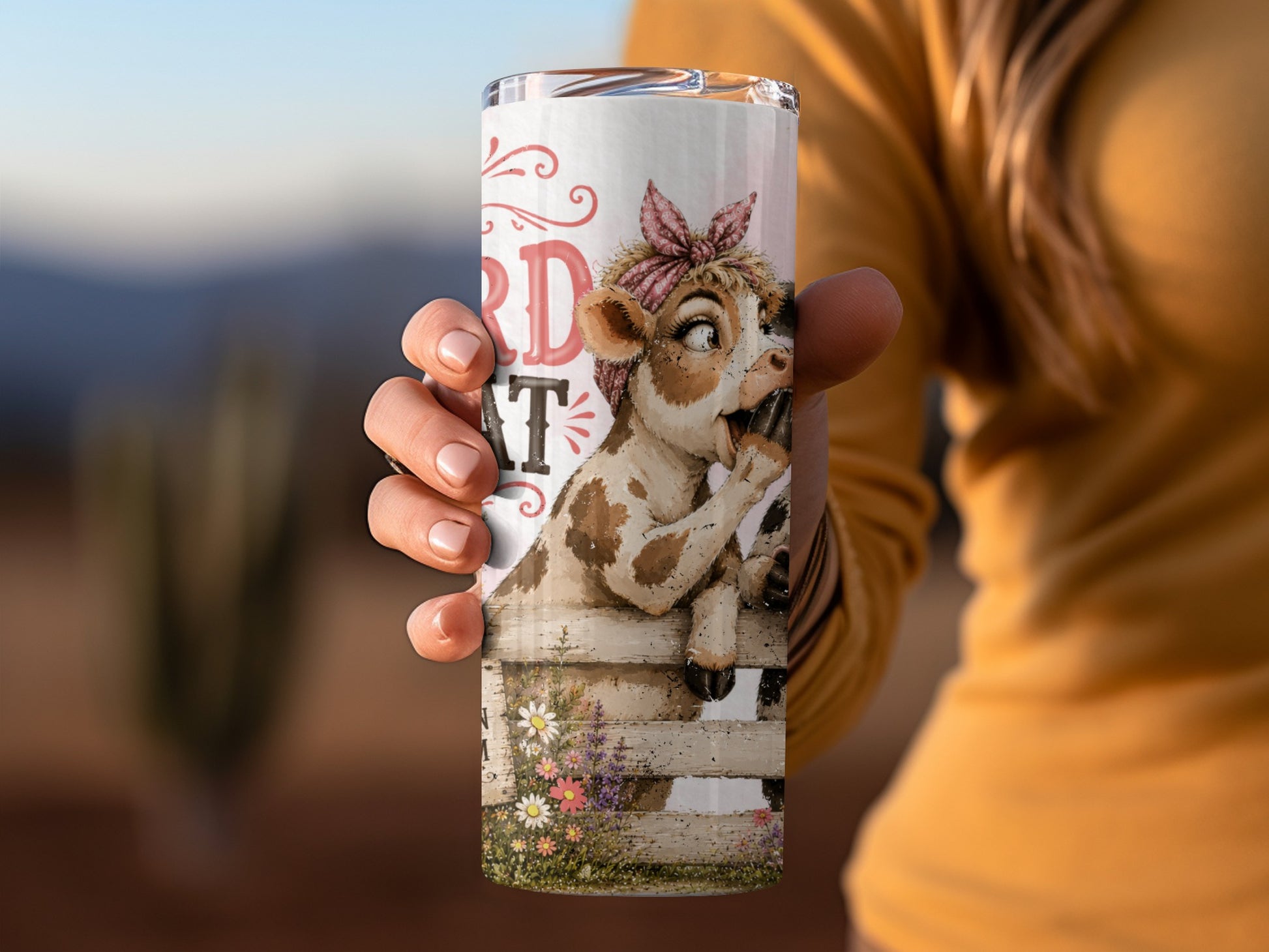 Tumbler with cow wearing bandana and text "LORD OF THE BARNYARD"