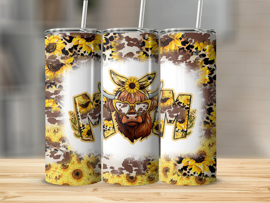 Sunflower Highland Cow Hearts Design Tumbler