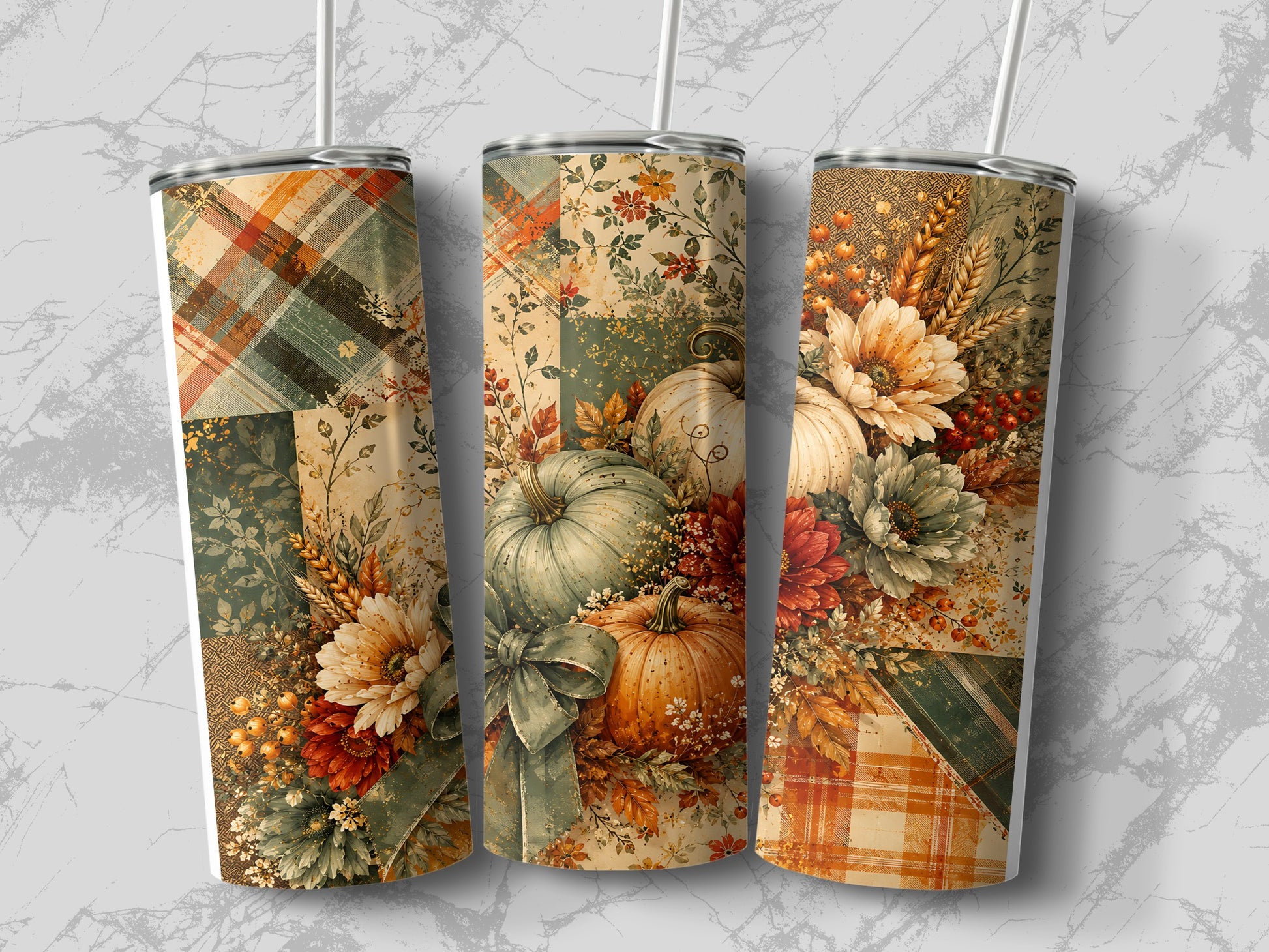 Three tumblers with patchwork designs featuring pumpkins, flowers, and plaid patterns.
