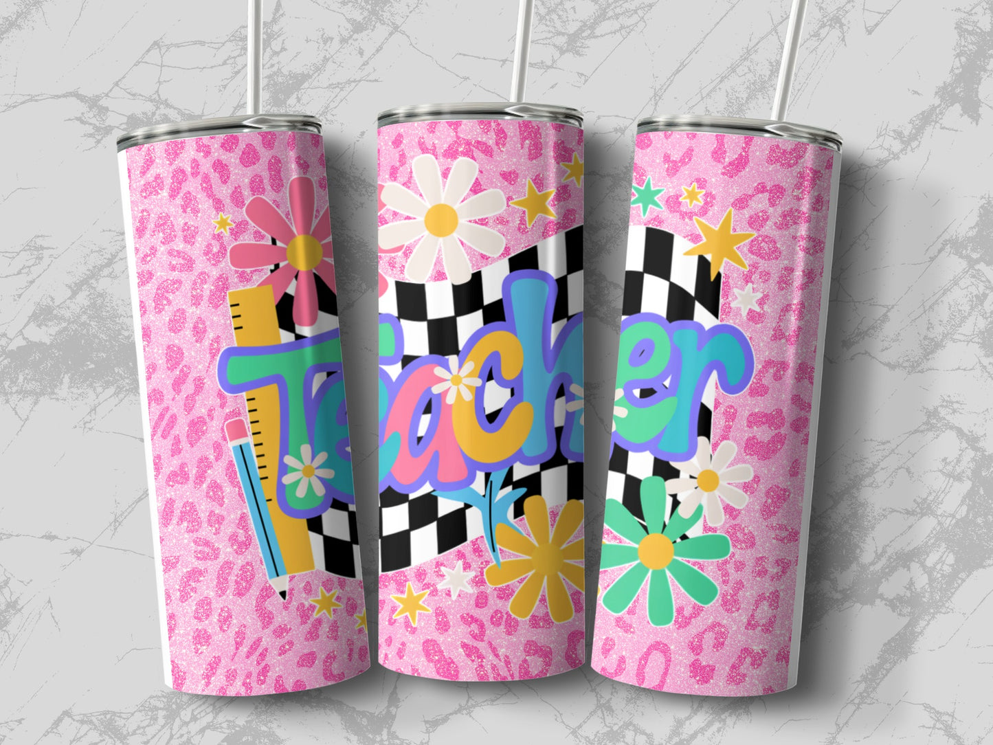 Three pink glitter tumblers with the word "Teacher" in colorful lettering and groovy daisy accents.