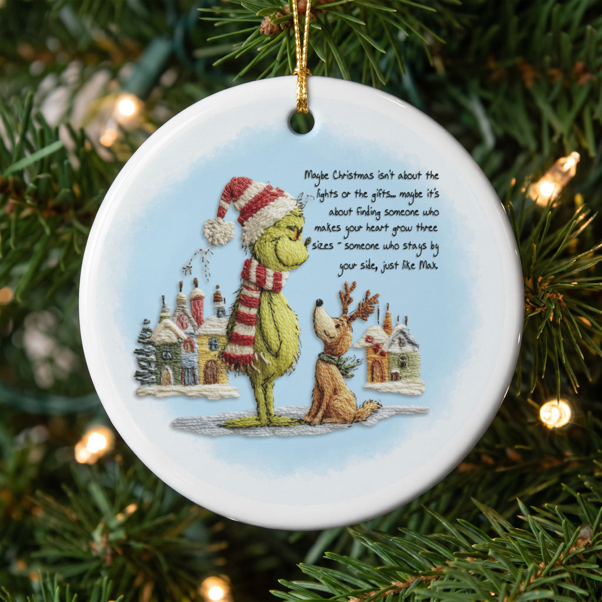 The Grinch and Max ornament features text about Christmas friendship.