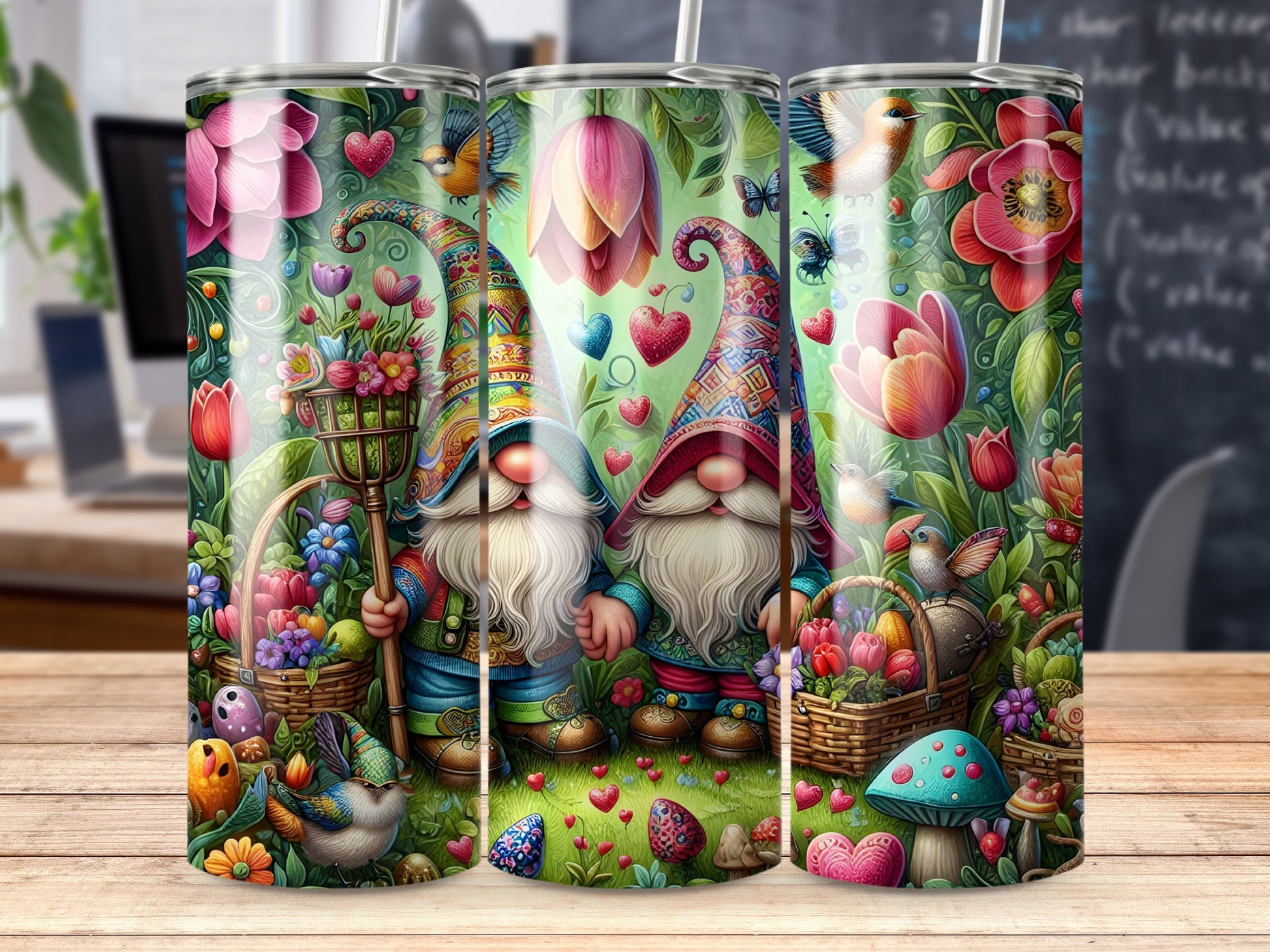 Gnomes holding baskets of flowers and eggs on a vibrant, nature-themed tumbler.