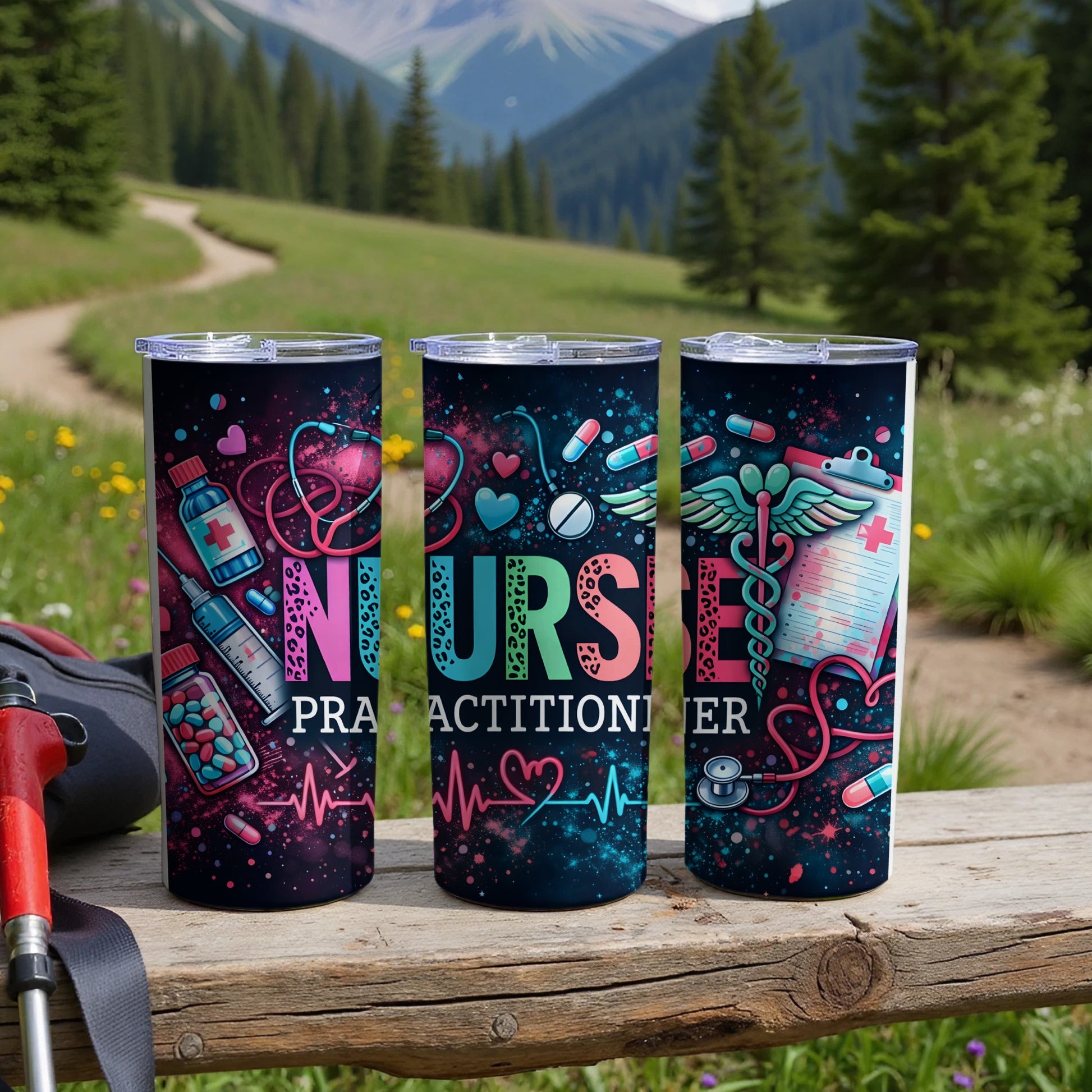 Three nurse practitioner tumblers with medical and colorful designs displayed outdoors.