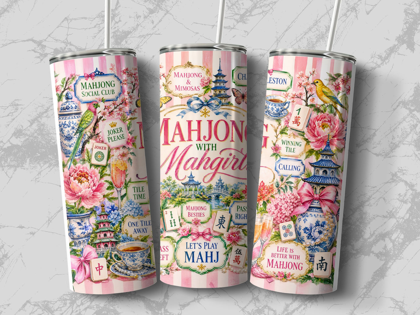 Three tumblers with pink stripes and floral Mahjong designs, including birds, pagodas, and cups.