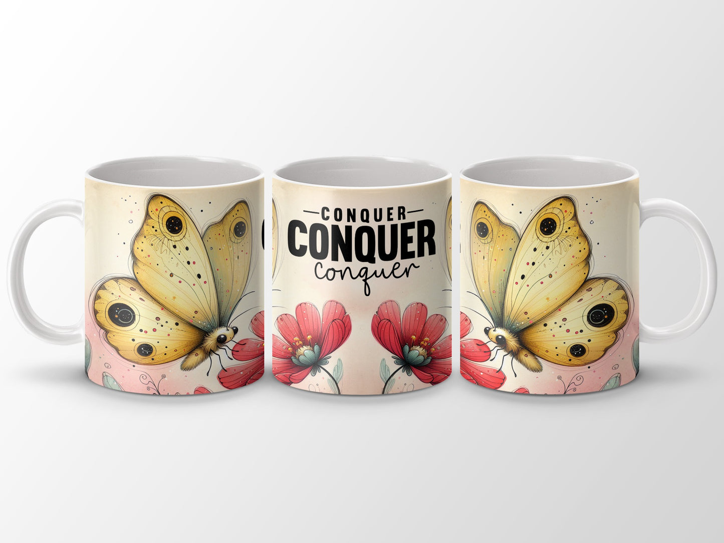 Yellow Butterfly Red Flowers Conquer Design Quote Mug product type
Mug
Butterfly
Conquer
Inspirational
Quote
Yellow Butterfly
Red Flowers
Floral Design
Nature Mug
Insect Art
Gift Idea
Unique Mug
Artwork
Drinkware
Coffee Mug
Tea Cup
Positive Vibes
Motivation
Watercolor Style
Beautiful Butterfly