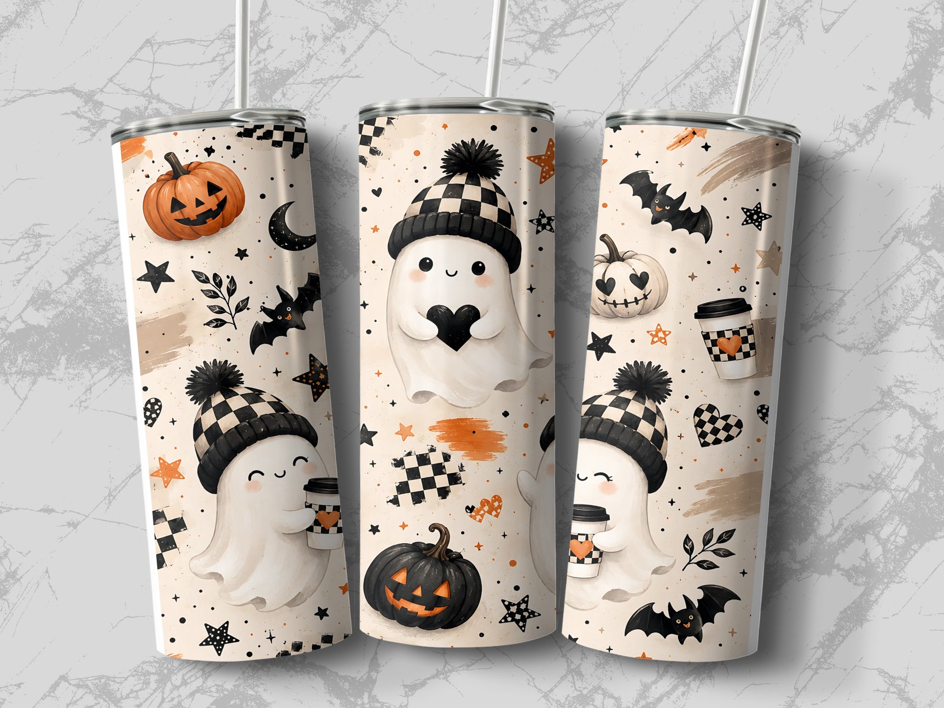 Halloween themed tumblers with ghosts, pumpkins, bats, and coffee cups.