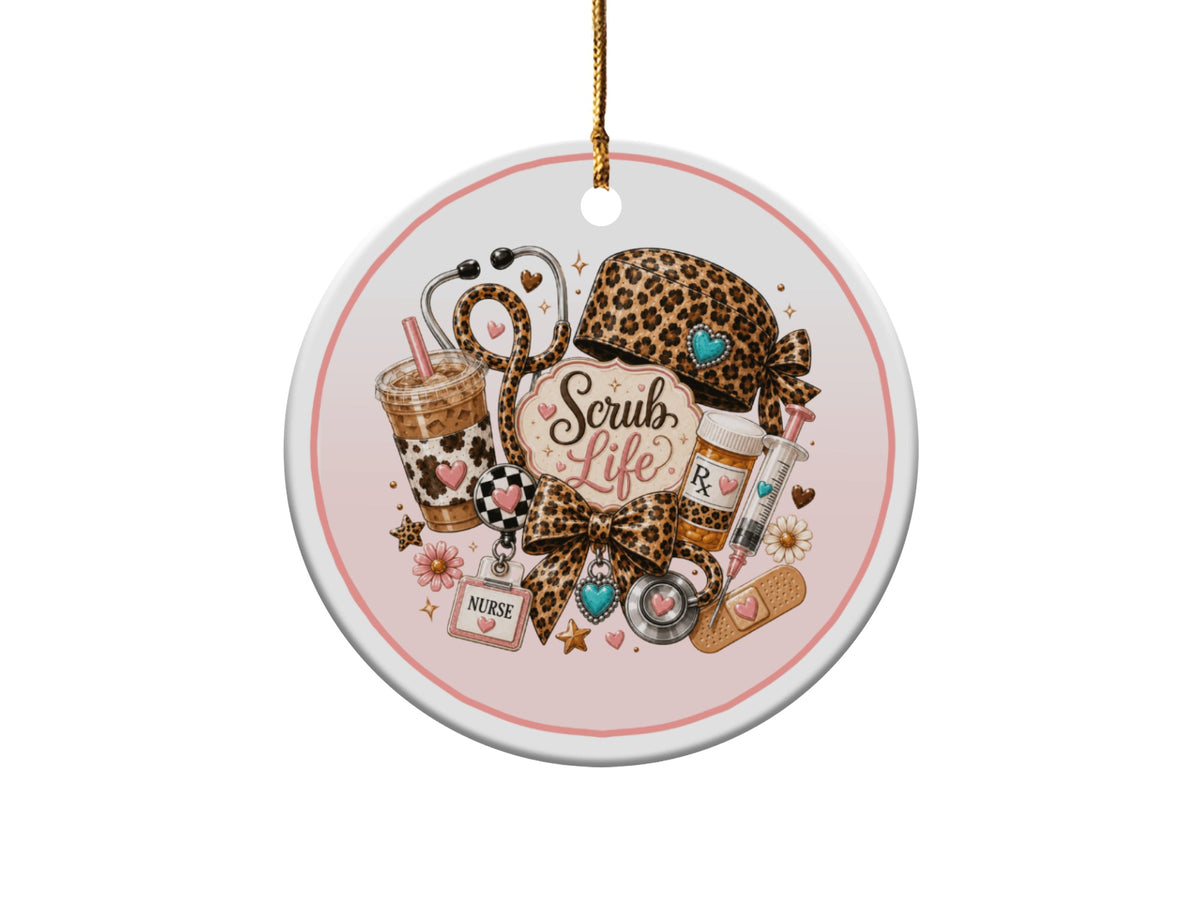 Ornament with "Scrub Life" text, stethoscope, coffee, syringe, and nurse items.