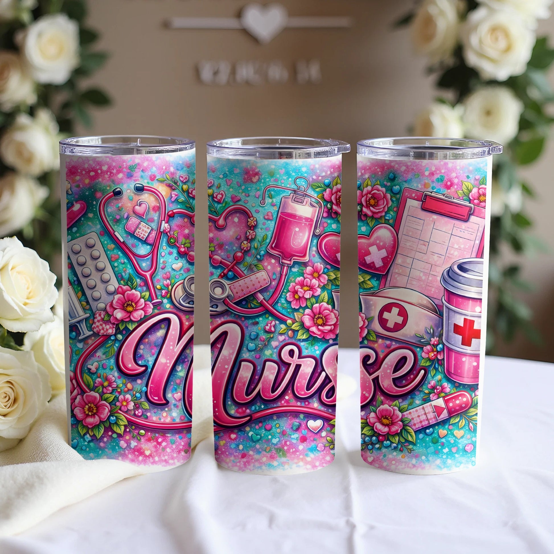 Nurse tumbler with medical symbols and floral accents.